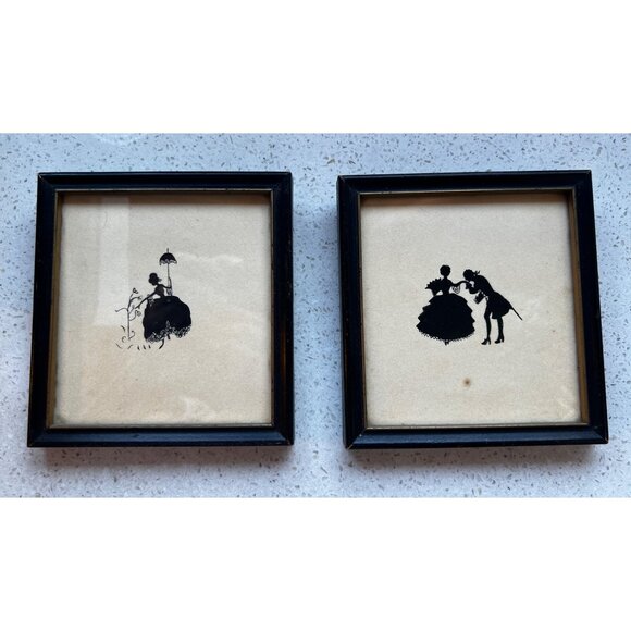 Pair of antebellum silhouette style art Courting Scene Hoop skirt & umbrella wom - Picture 1 of 8